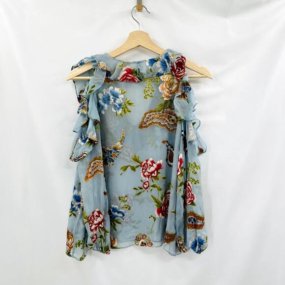 Alice + Olivia Blue Silk Velvet floral cold shoulder blouse - Picture 5 of 8